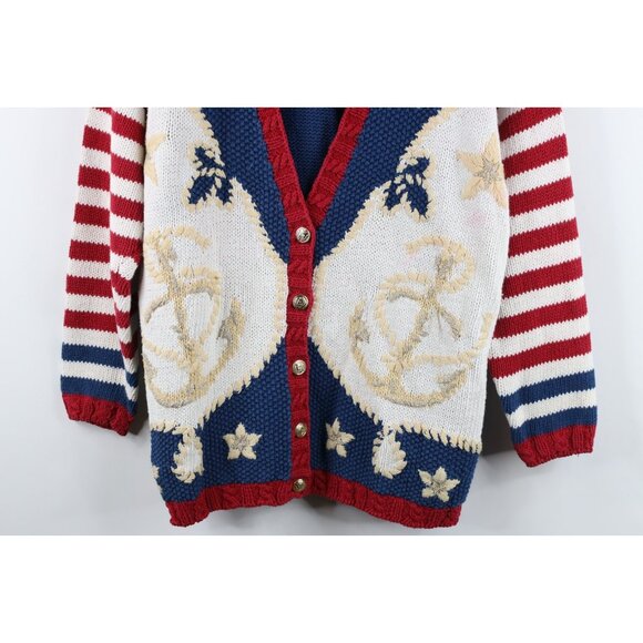 Vtg 90s Streetwear Womens Medium Hand Knit Flower Boat Anchor Cardigan Sweater - Picture 3 of 15